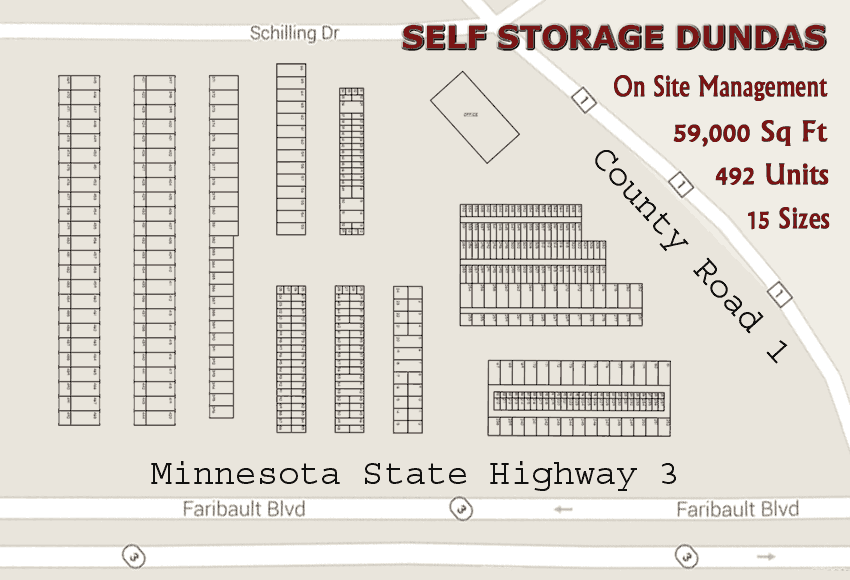 At Self Storage Dundas we have 59,000 square feet of storage available in 492 units consisting of 15 different sizes with both interior and exterior access to fit your storage needs.