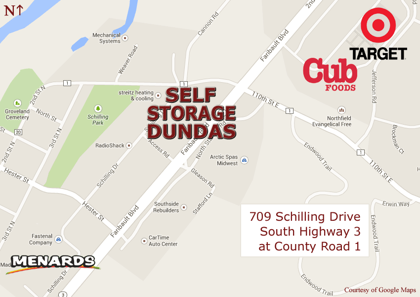 Self Storage Dundas is conveniently located at 709 Schilling Drive in Dundas, Minnesota. Just south of Target and Cub and just north of Menards and K Mart on the west side of Highway 3 at County Road 1. On the north end of Dundas just south of Northfield.